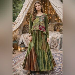 Vintage Leopards & Roses Boho Patchwork Embroidered Velour Top & Maxi Set